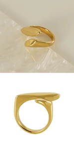 Detailed views of an 18k gold-plated stainless steel open ring with organic wavy design