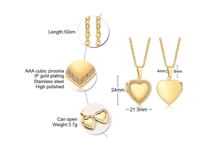 Detail showing an openable heart locket with AAA cubic zirconia on a 50cm golden chain