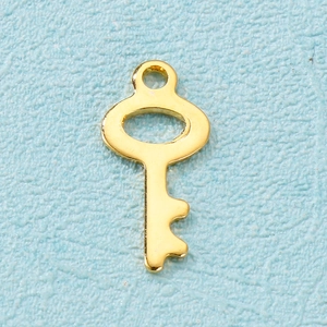 Macro shot of a polished gold stainless steel key pendant for DIY jewelry making