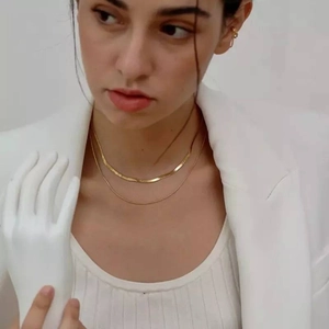 Close-up of gold layered necklace set with snake chain and round link chain on model