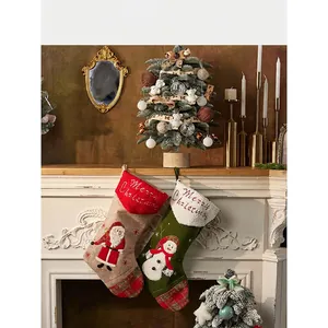 Large Christmas Stocking Burlap Felt With Faux Fur Cuff Embroidery 3D Applique Character Hanging Gift Bag Decor