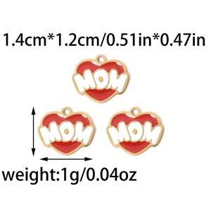Macro detail of 304 stainless steel heart charms with MOM lettering and size specs