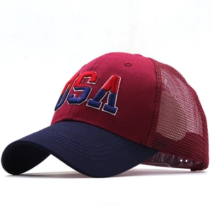 Classic USA embroidered baseball cap with red and blue mesh back and adjustable strap