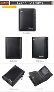 Detailed multi-angle views showing card slots, zipper coin pocket and interior of men's wallet