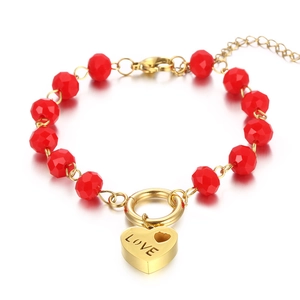 Bracciale retrò con perline di cristallo rosso e ciondolo a cuore LOVE oro