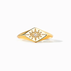 Bohemian gold plated S925 sterling silver evil eye signet ring with cubic zirconia