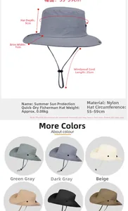Detailed size chart for sun hat showing 9cm depth and 7cm brim with 55-59cm circumference