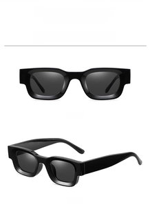 Front and 45-degree side views of black square punk sunglasses with polarized dark lenses