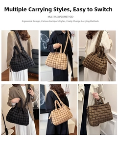 Detailed views of a quilted tote bag showing handheld, crossbody, and shoulder wear styles