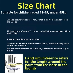 Size chart for breathable half-finger sports gloves with palm measurement guide