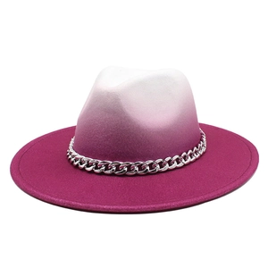 Fedora Hat Wool Felt Gradient Ombre Two Tone Wide Brim Silver Metal Chain Decoration Jazz Cap For Women Men