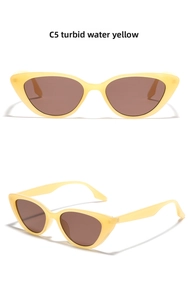 Detailed views of translucent yellow cat eye sunglasses with brown lenses in C5 colorway