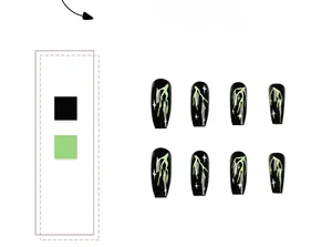Close-up of long coffin fake nails with green lightning and white star patterns on black