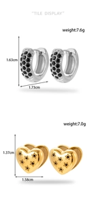 Detail showing dimensions and weights of heart and C-shaped micro-pave steel earrings