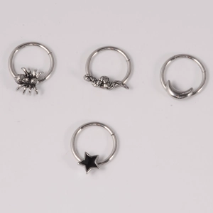 Set of four stainless steel piercing hoops featuring spider, snake, moon, and star charms