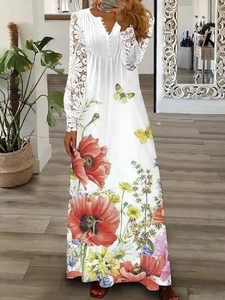 White V-neck maxi dress with red poppy floral print and delicate lace long sleeves