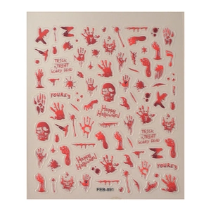 3D Halloween nail stickers with red bloody handprints and skulls for spooky nail art
