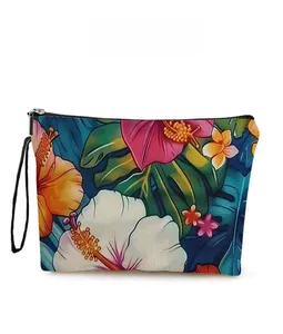 Detail van de tropische hibiscus bloemenprint op de cosmetische make-up tas