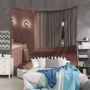 Detail of bohemian surrealist tapestry with pink moon and curtains on bedroom wall