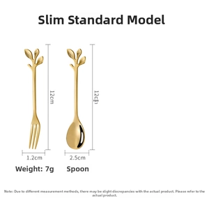 Detail view of 12cm gold stainless steel leaf-shaped coffee spoon and fruit fork dimensions