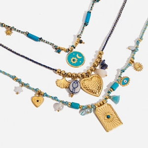 Bohemian Pendant Necklace Stainless Steel Gold Plated Evil Eye Sun Moon Star Multi Layer Beads For Women Vacation