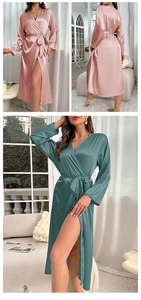 Detailed view of long silk satin robe with waist tie and elegant side slits in pastel colors