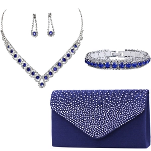 Detailed set featuring blue zircon necklace, earrings, bracelet, and a satin evening clutch