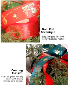 Detail of red and green Christmas ribbons with gold foil patterns and Merry Christmas text