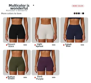 Close-up of high-waisted yoga shorts in five matte colors including black and green