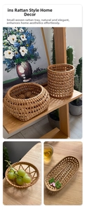 Close-up of handmade natural rattan storage baskets and woven decorative coasters