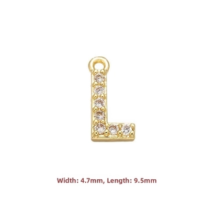 Detailed view of micro-pave L-letter pendant with dimensions 4.7mm by 9.5mm