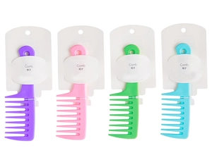 Detailed view of four colorful wide-tooth hair combs in purple pink green and blue set