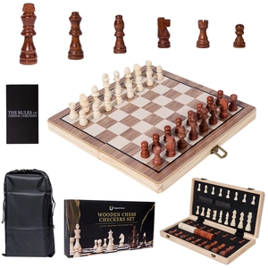 15-inch magnetic wooden chess and checkers set with folding board and storage box