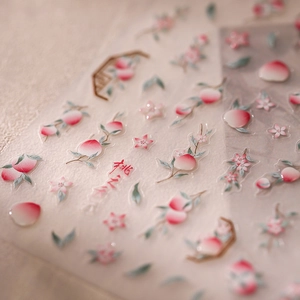 3D peach blossom nail stickers with floral patterns and pink fruit design