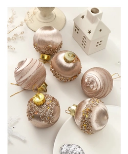 Detail of luxury champagne gold Christmas balls with intricate sequins and beadwork