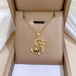 Elegant Panda Heart Pendant Necklace With Stainless Steel Chain And Copper Rhinestone Bamboo Design Enamel Jewelry For Women