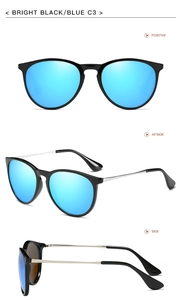 Three-angle view of bright black cat eye sunglasses with blue mirrored polarized lenses