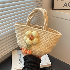 Handmade Woven Cotton Rope Handbag With Flower Decor Niche Design Casual Summer Beach Tote Bag For Women Artisanal Purse