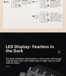 Binary LED watch interface detail showing matrix display settings and brightness levels