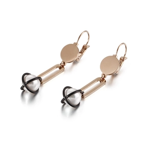 Elegant rose gold long drop earrings with white pearls and geometric hollow design