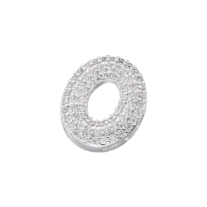 Macro detail of silver iced-out O-shaped pendant with cubic zirconia micro-pave