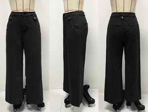 Mise en page trois vues du jean noir délavé à taille haute et jambes larges