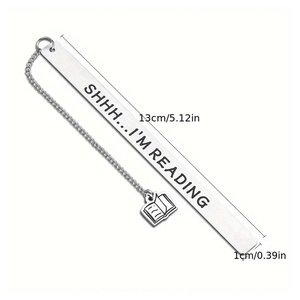 Silver stainless steel bookmark with chain pendant and Shhh... I'm Reading engraving
