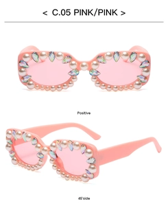 Macro detail of pink square sunglasses featuring pearl and crystal rhinestone frame