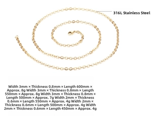 Size guide for stainless steel O-link chains showing various widths and lengths