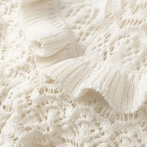 Detail of white knit fabric with intricate hollow-out patterns and cable stitch texture