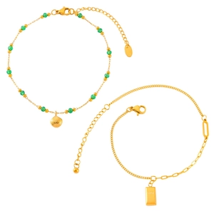 French vintage shell and green bead charm anklet set in gold-plated titanium steel