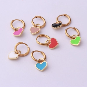 Set of seven gold-plated stainless steel hoop earrings with colorful enamel heart charms