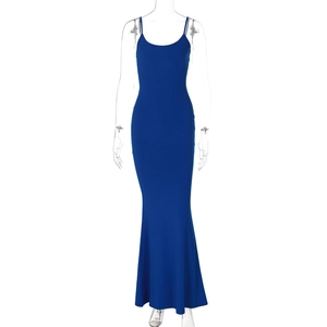 Detail view of the sleek blue sleeveless bodycon maxi dress with an elegant fishtail hemline