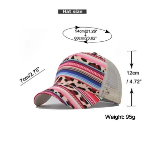 Size chart for leopard baseball cap with ponytail hole showing measurements in cm and inches